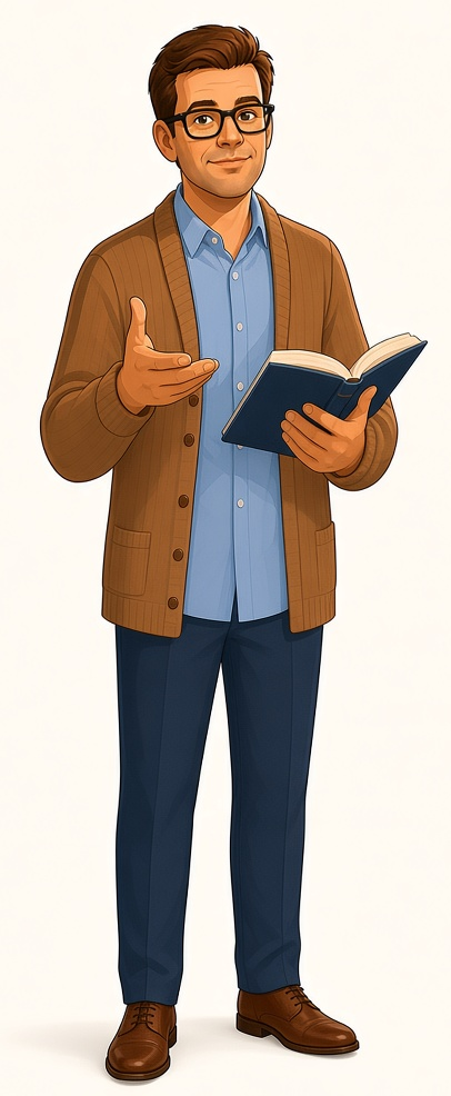 Ilustración de Profe Silas sosteniendo un libro