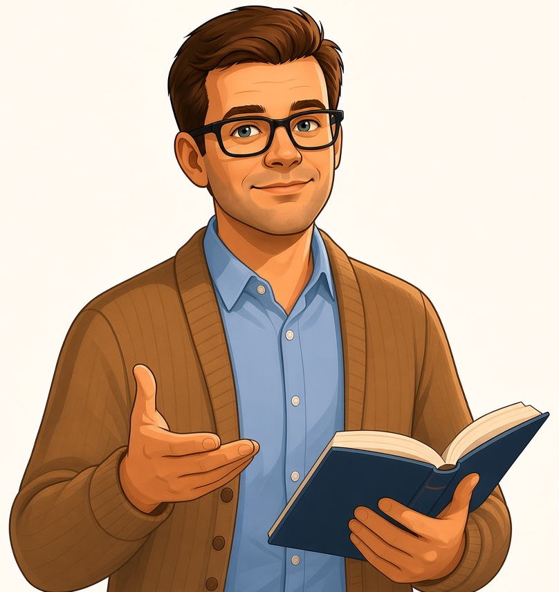 Ilustración de Profe Silas sosteniendo un libro